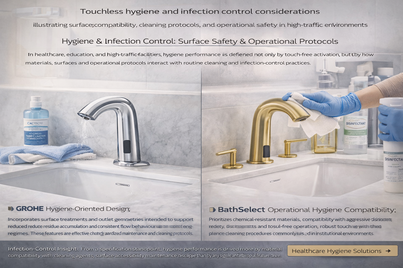 Touchless hygiene and infection control considerations illustrating surface compatibility, cleaning protocols, and operational safety in high-traffic environments